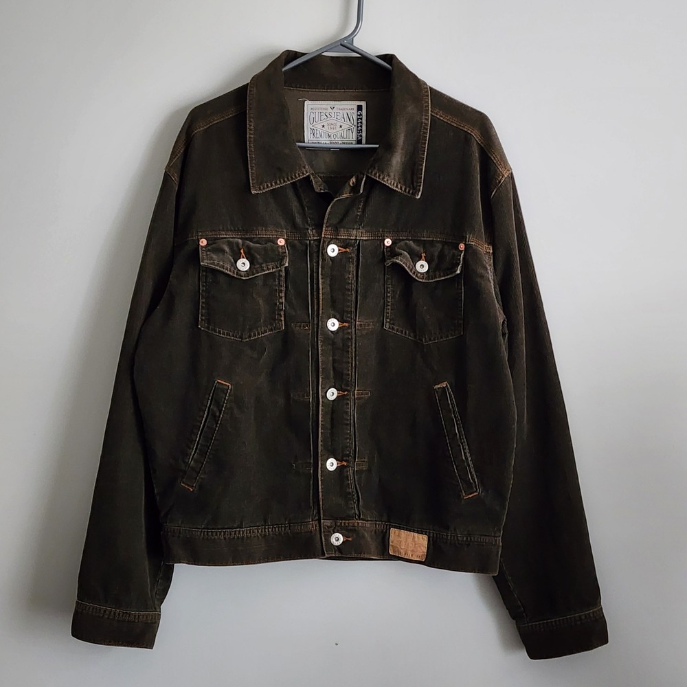Guess Corduroy Trucker Jacket Mens Large Brown Vintage 
90s Grunge Indie Rugged